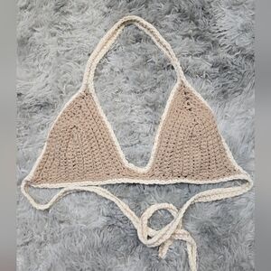 Crochet Halter Bikini Top in Tan and Cream